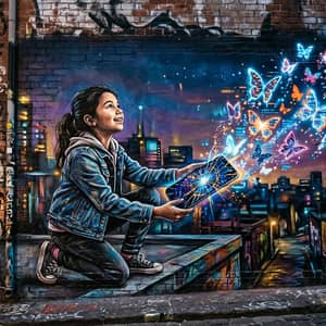 Street art mural of a girl releasing a flock of luminous digital butterflies from a cracked smartphone screen