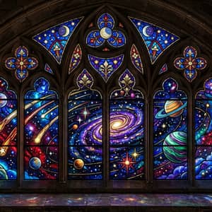 Gothic stained glass window depicting a cosmic scene with planets, nebulae, and shooting stars in jewel tones