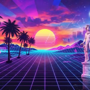 Vaporwave aesthetic sunset over a neon grid landscape with palm tree silhouettes and marble Greek statues