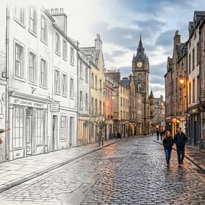 Pencil sketch coming to life: half-drawn, half-photorealistic cobblestone city street, graphite fading to color