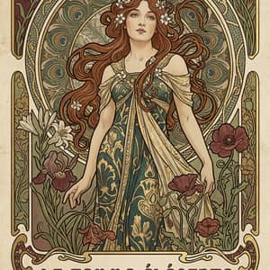 Art nouveau poster of a woman surrounded by ornate floral borders, flowing hair, and gold leaf accents