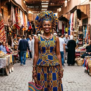 Bold African wax print ensemble with matching geometric headwrap, vibrant Marrakech market backdrop