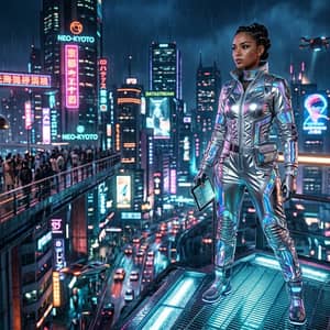 Futuristic silver metallic jumpsuit with holographic panel details, cyberpunk neon cityscape at night