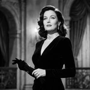 Classic Old Hollywood glamour: black velvet evening gown with diamond choker, black and white film grain