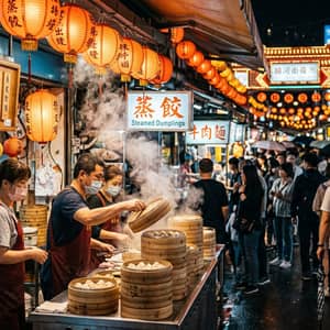 Bustling Asian night market scene with steaming bamboo dumpling baskets and glowing paper lantern bokeh