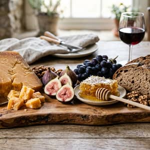 Artisanal cheese board with aged gouda, fresh figs, raw honeycomb, and crusty sourdough on olive wood