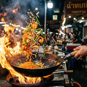 Vibrant pad thai in a sizzling wok with dramatic flames, vegetables mid-toss, dynamic action food photography