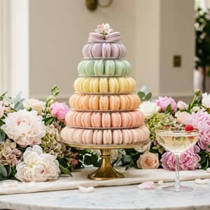 Elegant French macaron tower in pastel ombre colors surrounded by peonies and a crystal champagne coupe
