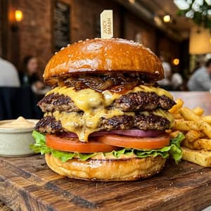 Towering double smash burger with perfectly melted American cheese, caramelized onions, glossy toasted brioche