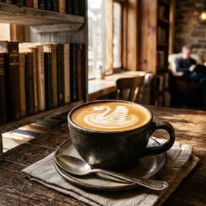 Latte art swan in a ceramic cup with morning light casting soft shadows, cozy cafe atmosphere with old books