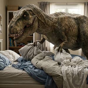 A T-rex desperately trying to make a bed with its tiny arms, hilariously frustrated expression, messy sheets