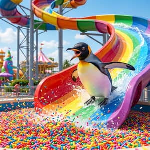 Emperor penguin going down a giant rainbow waterslide into a pool of colorful sprinkles, pure joy