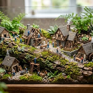 Miniature people building a tiny village on top of a mossy log inside a glass terrarium, tilt-shift photo