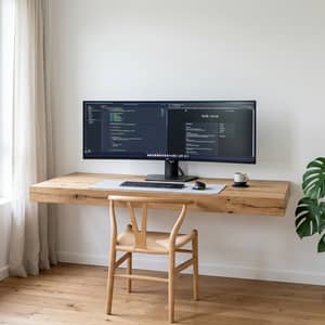 Minimalist white home office with floating oak desk, large ultrawide monitor, single potted monstera