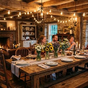 Rustic farmhouse dining room with reclaimed wood table, mason jar wildflowers, warm string lights overhead