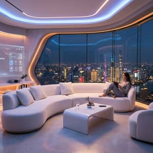 Futuristic smart home living space with curved white furniture, ambient LED strips, and a panoramic city view