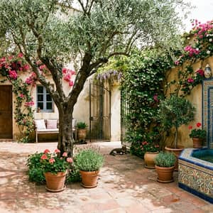 Mediterranean courtyard with terra cotta tile floor, mature olive tree, and a hand-painted mosaic fountain