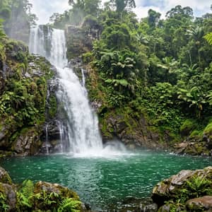Towering tropical waterfall cascading into an emerald pool surrounded by lush ferns and orchids