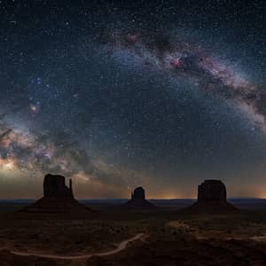 Desert night sky with the Milky Way galaxy arching over Monument Valley red rock formations