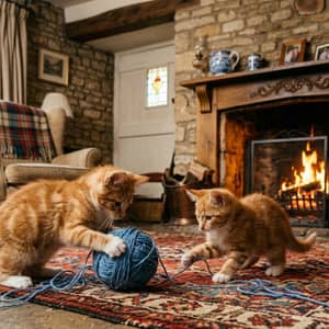 Two ginger kittens playing with a ball of yarn in a cozy English cottage, fireplace glowing
