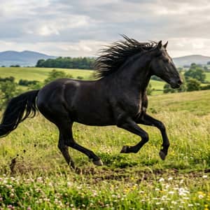 Majestic black stallion galloping through a meadow with its mane flowing dramatically in the wind