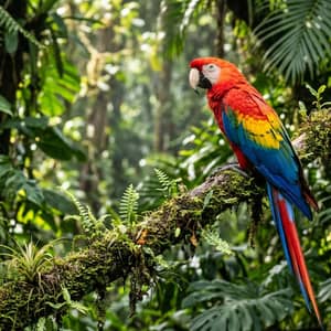 Colorful macaw parrot perched on a mossy branch in a tropical rainforest, vibrant plumage detail
