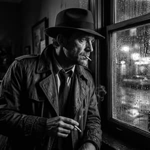 Noir-style detective portrait with fedora hat, moody chiaroscuro shadows, rain on the window