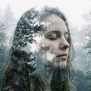 Ethereal double-exposure portrait merging a face with a misty forest canopy