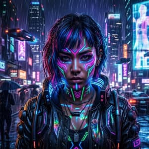 Cyberpunk portrait with neon face paint, holographic reflections, rain-slicked city backdrop