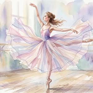 Soft pastel watercolor portrait of a ballet dancer mid-twirl, flowing tulle fabric